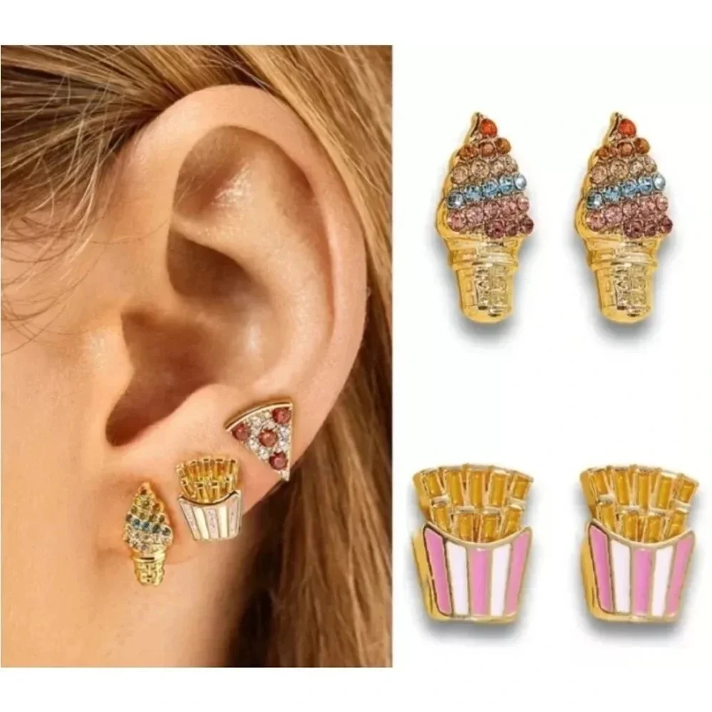 Gold Rhinestone Ice Cream Stud Earrings Multicolor Crystal Cute NWT